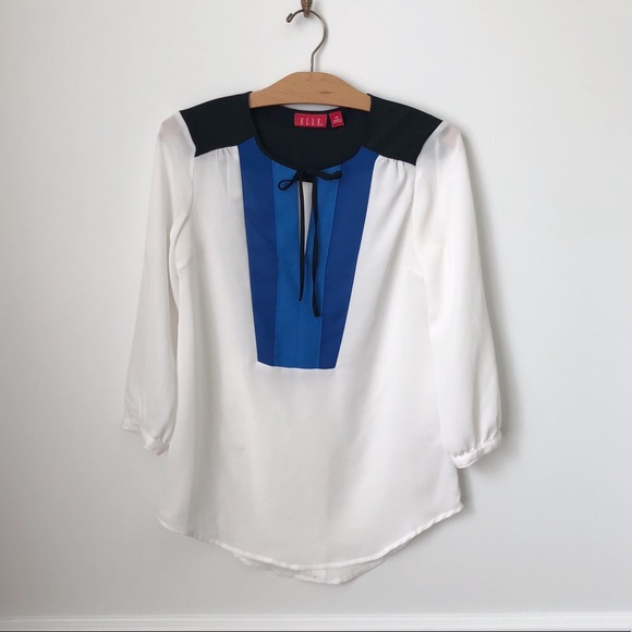 Elle Tops - Elle Blue, Black & White Color Block Blouse w/ Bow
